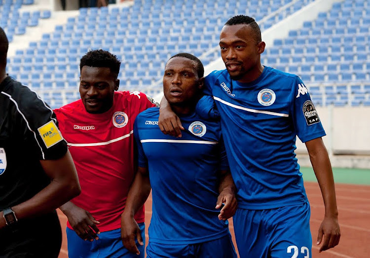 Supersport 2 goal hero Thuso Phala being congratulated by his teammates after scoring the second goal against Zesco United FC during the 2017 CAF Confederations Cup game between Zesco United and Supersport United at Levy Mwanawasa Stadium on 23 September 2017.