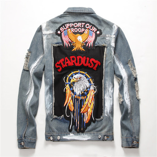 Title 3, Mens embroidered lapel casual denim jacket for...