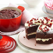 Red velvet chocolate cake prepared in a heart-shaped casserole from Le Creuset.