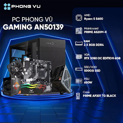 Máy tính để bàn/PC Phong Vũ Gaming AN50139(AMD Ryzen 5 5600/2x8GB/500GB SSD/Nvidia GeForce RTX 3050/Free DOS)