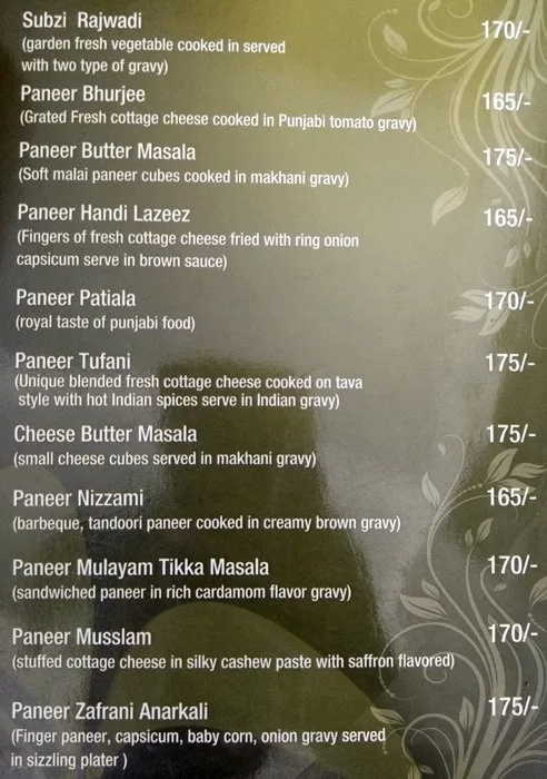 Platinum Restaurant menu 