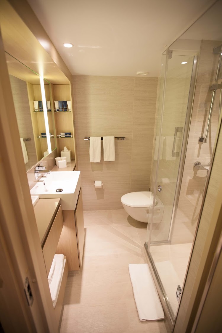 The bathroom of a balcony stateroom on Viking Star.