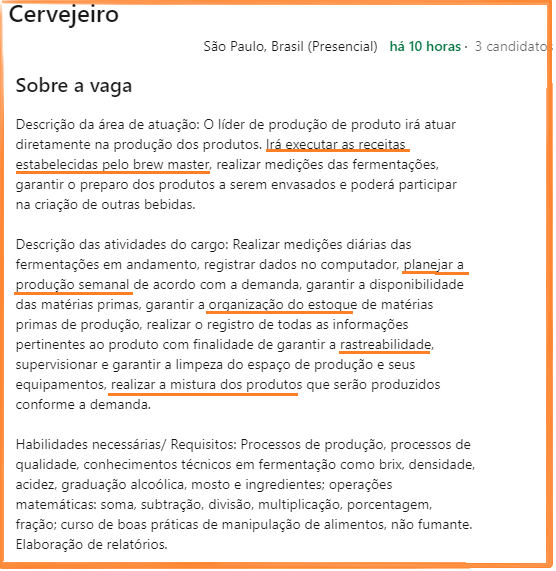 trabalhos operacionais em cervejarias 