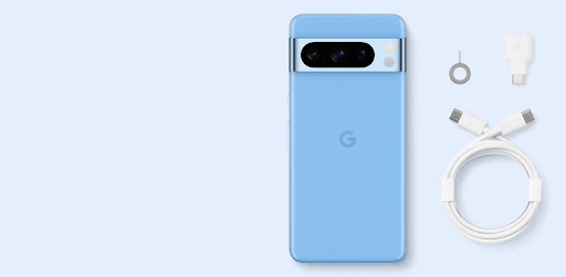 Pixel 8 Pro color azzurro cielo con accanto un cavo da USB-C a USB-C, un adattatore per il trasferimento rapido e uno strumento SIM.