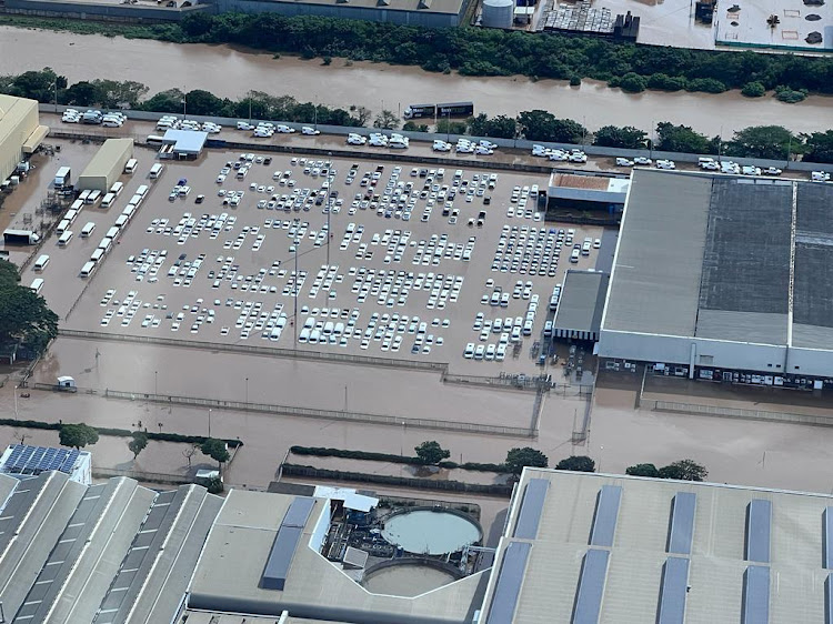 An aerial photograph shows the extent of the flood damage to Toyota SA's Prospecton production facility.