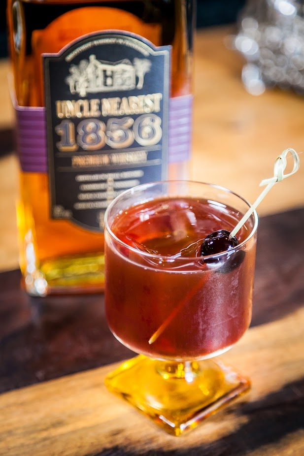 The Waiting Room Lafitte's Chazz Madrigal made an Uncle Nearest Whiskey cocktail called Reverie with Uncle Nearest Whiskey, Yzaguirre Rojo vermouth, Salmaikki Dala Scandinavian Fernet, Benedictine, Pinot Noir salt. Serve over large cube, orange twist garnish., photo by ALOR Consulting