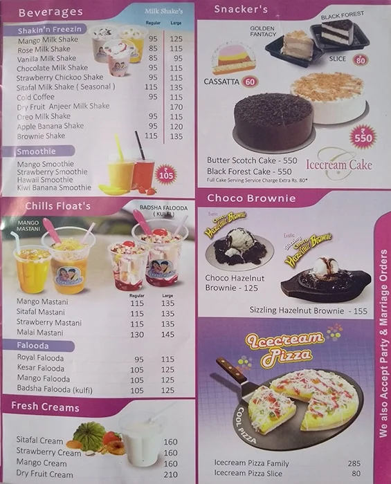 Cream Chills Naka menu 