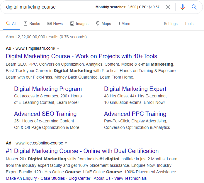 PPC ads shown by Google for Digital Marketing Course