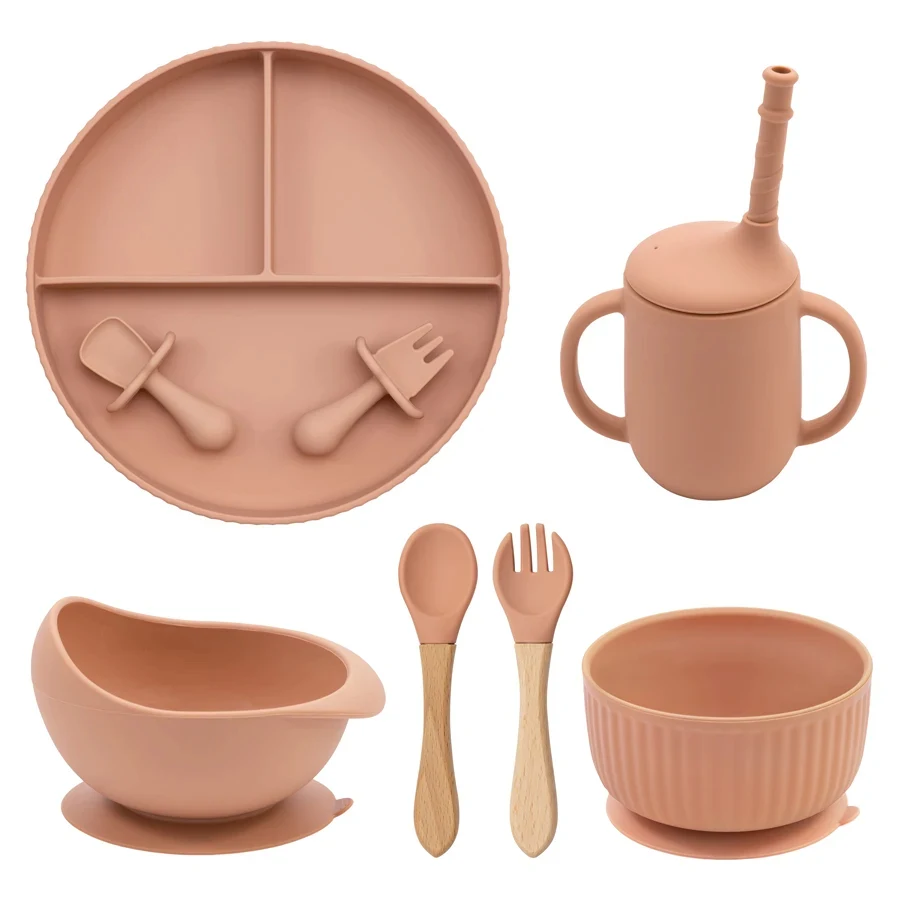 Baby siliconen kookgerei set met antislip zuignap, BPA vrij, bord, kom, beker, vork lepel, kinder eten en drinken