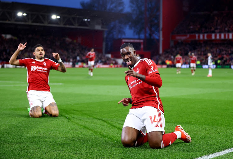 Nottingham Forest's Callum Hudson-Odoi celebrates scoring their first goal with Morgan Gibbs-White in the Premier League game against Fulham at The City Ground, Nottingham on April 2, 2024