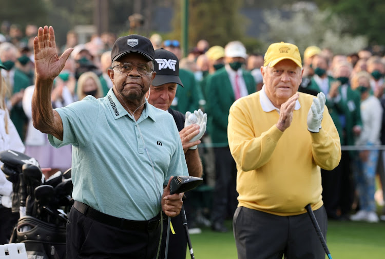 Honorary starters Lee Elder and Jack Nicklaus of the US with SA's Gary Player during the ceremonial start on the first day of play at the Augusta National Golf Club in Georgia, the US, April 8 2021. Picture: JONATHAN ERNST/REUTERS