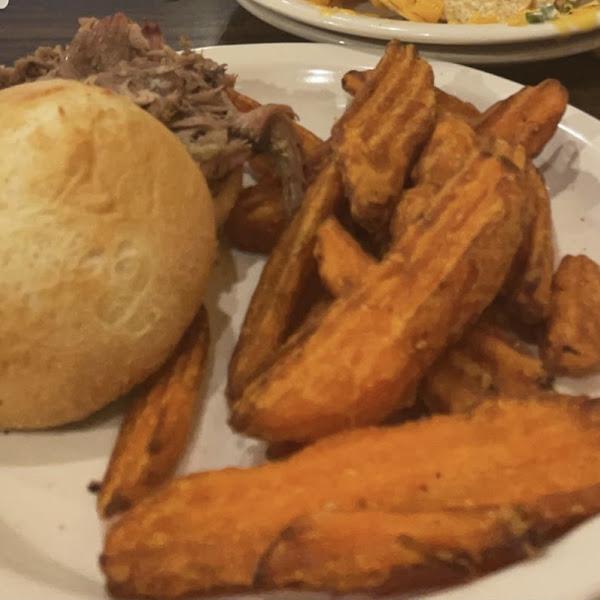 Sorry bad photo -- wasnt intending on posting. This is the Pulled Pork Sandwich on a GF bun with sweet potato fries.