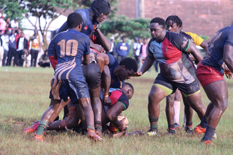 Strathmore Loes vs Kenya Harleguin engage in a scrum at strathmore grounds on January 13, 2023