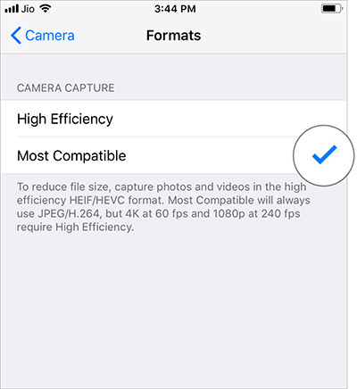 Select the most compatible to take JPEG images in iOS 11 or 12