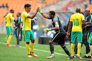 CHEERS Bafana Bafana stand-in captain Itumeleng Khune celebrates with Clayton Daniels after South Africa beat  Burkina Faso 3-1 in their  must-win  Fifa 2018 World Cup qualifier match at  FNB Stadium, in  Soweto,  on SaturdayPicture: Gallo Images