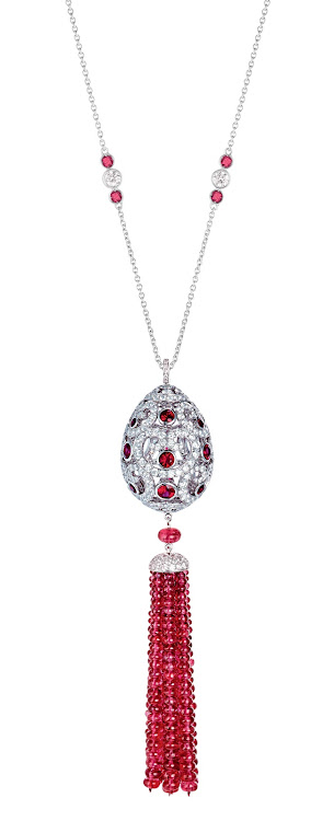 Impératrice ruby tassel pendant, featuring round rubies, round white diamonds, and ruby beads, set in 18k white gold