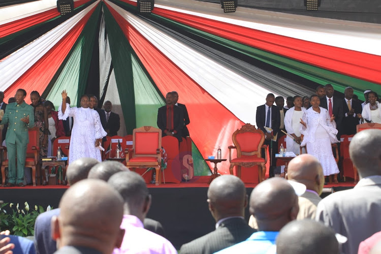 First lady Rachael Ruto with second lady Pastor Dorcas Gachagua during National Prayer Day at Nyayo National Stadium, Nairobi on Tuesday, February 14, 2023.