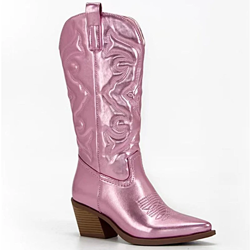 Embroidered Women's Mid-calf Fluorescent Martin Boots with Chunky Heel and Plus Sizes, Comfortable and Stylish for any O