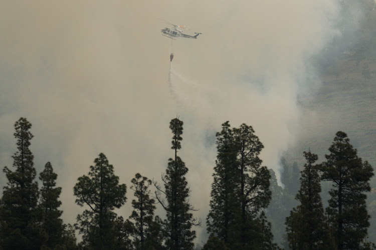 A helicopter drops water on the Tijarafe forest fire on the Canary Island of La Palma, Spain, July 16 2023. Picture: BORJA SUAREZ/REUTERS