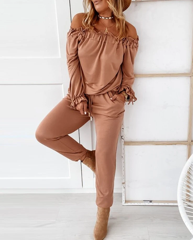 Title 4, Solid Color Ruffled One-Shoulder Casual Trouser...