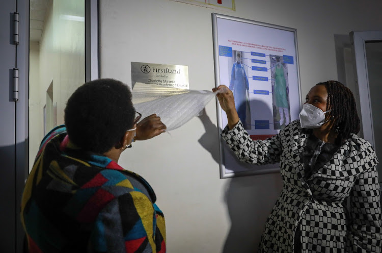 A new Covid-19 ward was unveiled by Charlotte Maxeke hospital CEO Gladys Bogoshi and Mary Vilakazi, FirstRand Group COO.