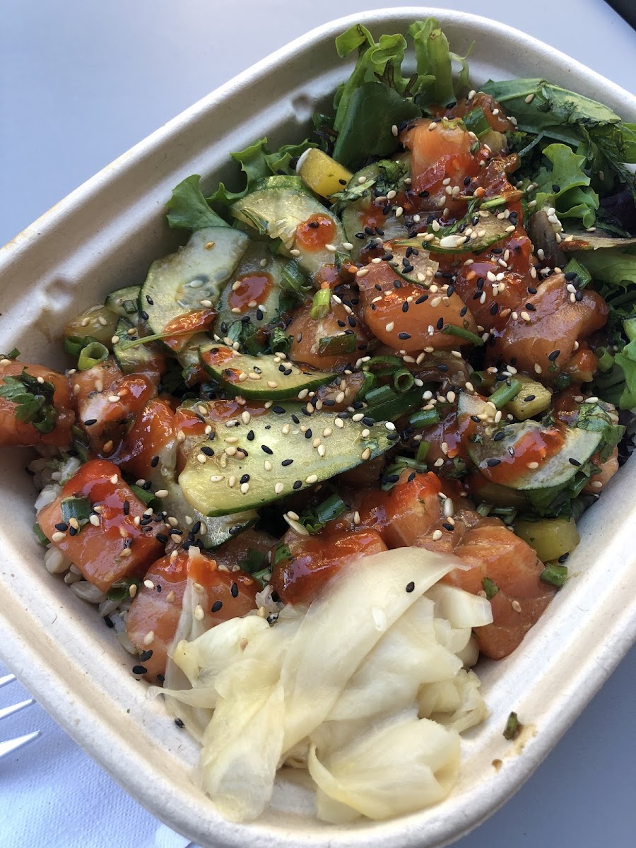 Salmon poke bowl - gluten free, extra pickled ginger!