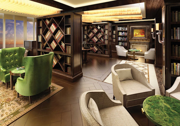 Well-stocked and exceedingly comfortable, the Library on deck 11 forward of Seven Seas Explorer offers a calm setting for reading and relaxing. 