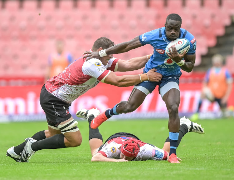 Willem Alberts of the Lions, Madosh Tambwe of the Vodacom Bulls and Francke Horn of the Lions during the United Rugby Championship at Ellis Park on Saturday.