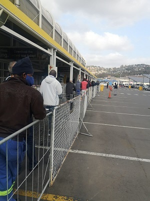 A line for liquor builds up slowly outside Makro Durban.