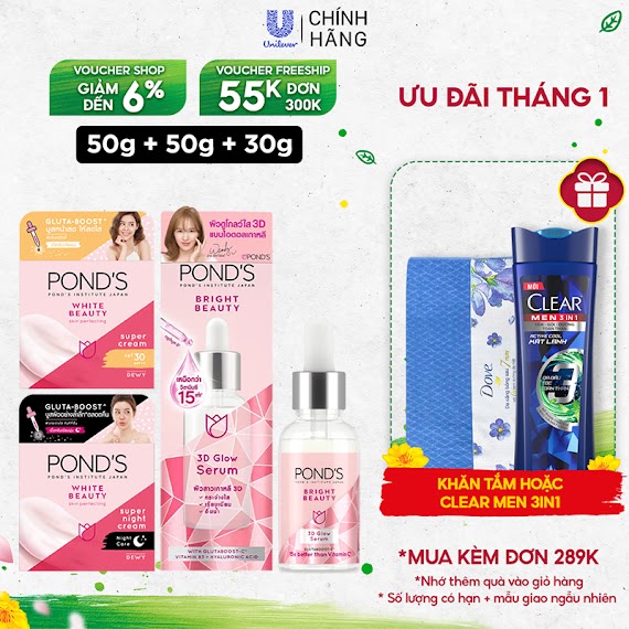 Combo Serum Dưỡng Sáng Mờ Thâm Và Kem Dưỡng Ẩm Ngày Đêm Pond's White Beauty 30G & (50G X 2)