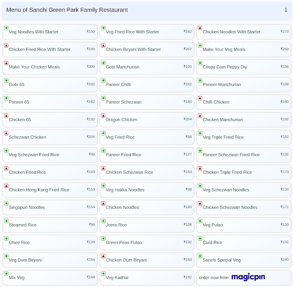 Sanchi Green Park Family Restaurant menu 