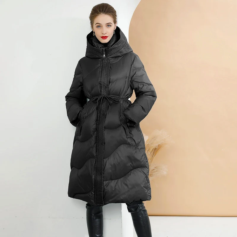 Dames Dikke Gewatteerde Jas met Capuchon, Getailleerde Taille, Halflang, Warm en Stijlvol voor de Winter.