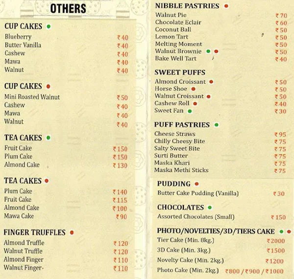 Merwans Cake Stop menu 