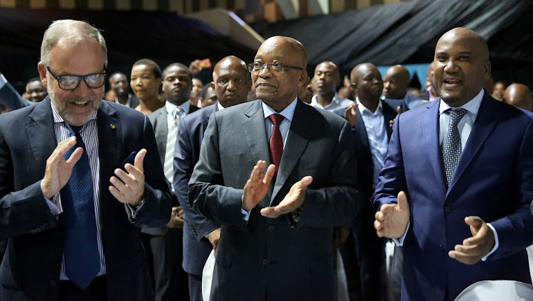 Umkhonto weSizwe Military Veterans Association spokesperson Carl Niehaus, former President Jacob Zuma and National Funeral Parlour Association president Muzi Hlengwa at the National Parlour Association gala dinner at the Olive Convention Centre in Durban.