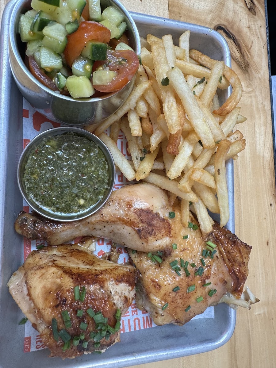 Flipped (rotisserie) chicken and fries