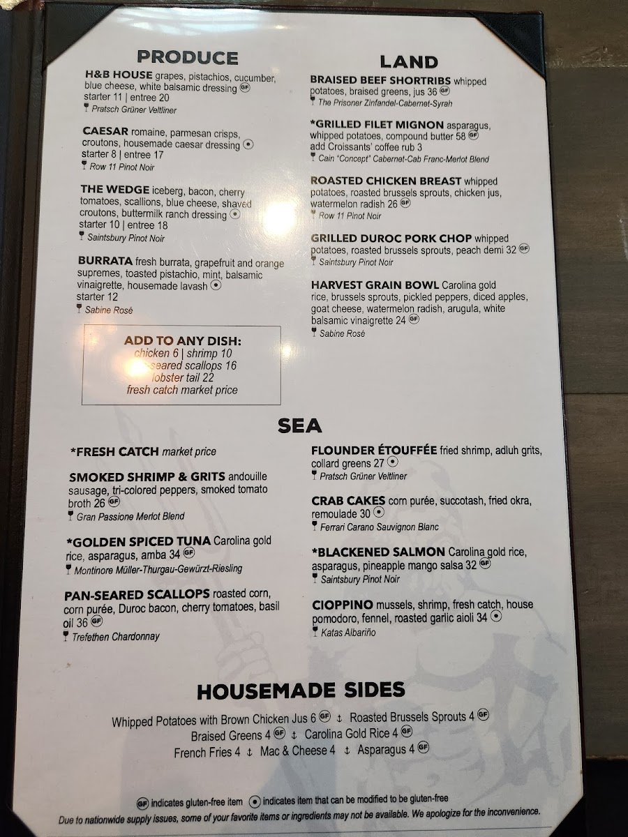 Hook & Barrel gluten-free menu