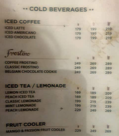 Costa Coffee menu 