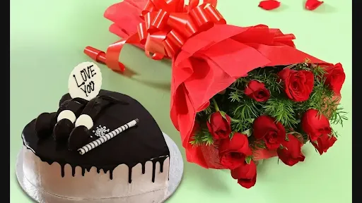 Chocolate Cream Heart Shape Cake And 10 Rose Bunch