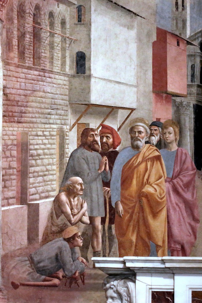 Masaccio, San Pietro risana con l’ombra, affresco nella Cappella Brancacci, Santa Maria del Carmine, Firenze