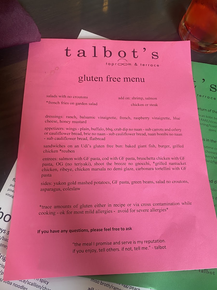 Gluten-Free at Talbot's Taproom & Terrace