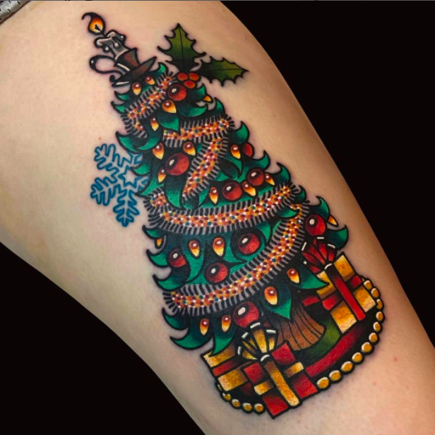 Decorated Christmas Tree With Lights Tattoo