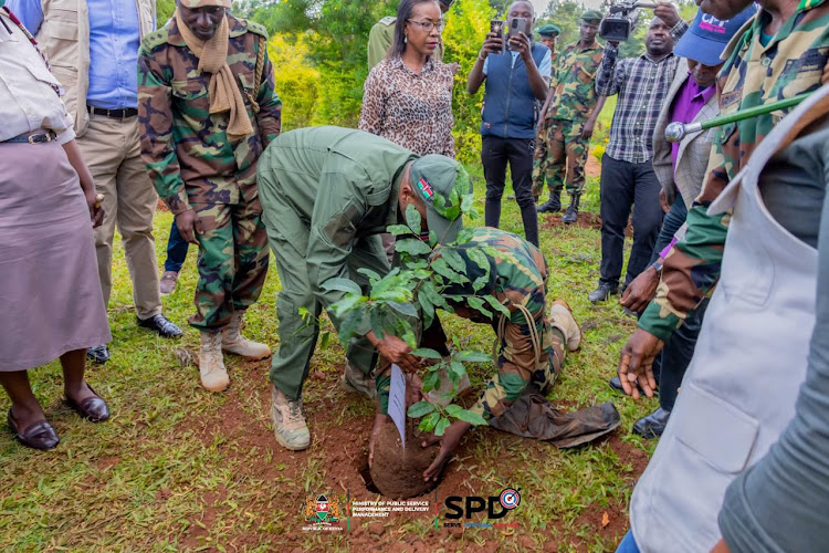 Public Services, Performance and Service Delivery Cabinet Secretary Moses Kuria plants a tree during the national tree planting exercise in Kisumu on May 10, 2024.