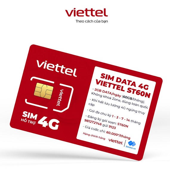 [Free 30 Ngày] Sim Viettel 4G St60N 2Gb/Ngày (60Gb/Tháng) Max Băng Thông Chỉ 60K/Tháng. Dùng Toàn Quốc Không Khoá Zone