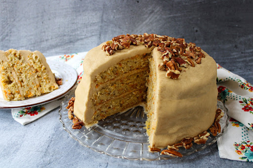 Sliced Caramel-Frosted Hummingbird Cake.