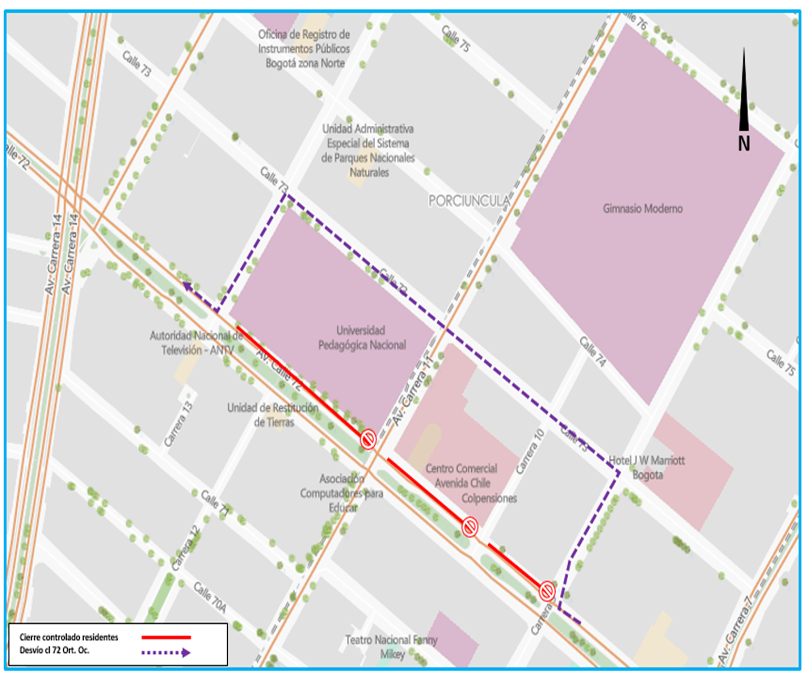 Mapa del cierre de la calzada norte de la calle 72 entre carrera 9 y carrera 13 desde las 8:00 p.m. del día 28 de marzo, hasta las 6:00 p.m. del día domingo 29 de mayo