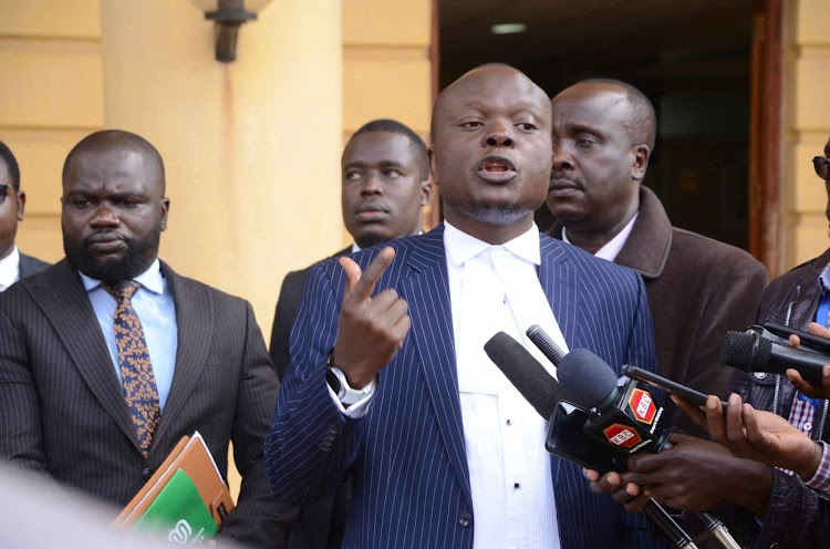 LSK presidential candidate Peter Wanyama addresses reporters at the Milimani law court in Nairobi on Thursday January 11, 2024