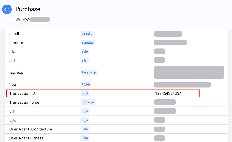 Transaction ID in Google Tag Assistant