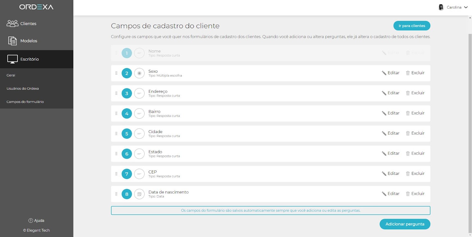 Tela ficha de cadastro de clientes Ordexa