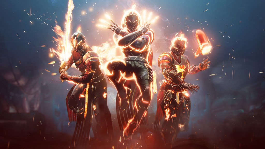 Character art of a Warlock, Hunter, and Titan. Three figures in flaming armor run toward the camera.