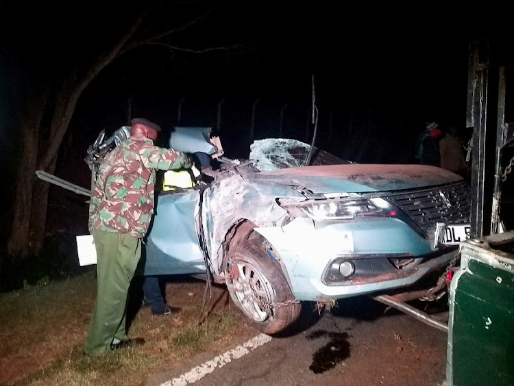 The wreckage of the vehicle in which Kenya's marathon world record holder Kelvin Kiptum and his coach were killed is towed from the scene of the traffic accident along the Kaptagat-to-Eldoret highway, near the Rift Valley town of Eldoret, Kenya on Monday.